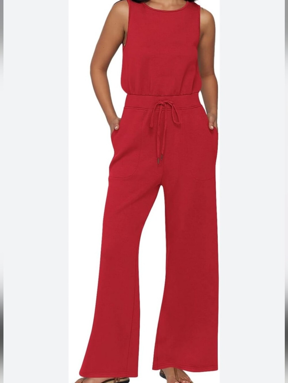 Automet Sleeveless Red Jumpsuit, Sweatpant Material, M